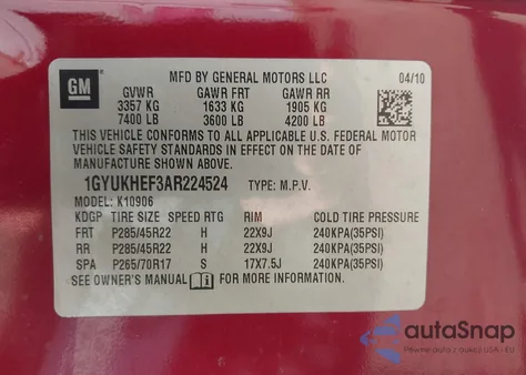 2010 Cadillac Escalade Esv Luxury z USA, uszkodzony, nr VIN 1GYUKHEF3AR224524